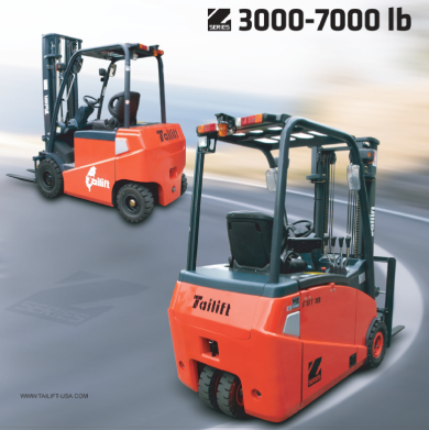 Image showing two red forklifts manufactured by Tailift. One is positioned with the operator's seat facing forward, and the other with the seat facing away. The text at the top reads "Z Series 3000-7000 lb.