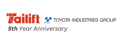 Logo of Toyota Industries Group celebrating the 5th anniversary of Tailift. The text includes "New Tailift," the Tailift logo, the Toyota logo, "Toyota Industries Group," and "5th Year Anniversary.