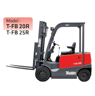 An image of a Tailift forklift in red and grey. It lists two models, T-FB 20R and T-FB 25R. The forklift has an enclosed cab, two forks, and a control seat.