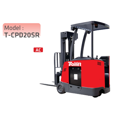 A red electric forklift labeled "Noblift" with the model number "T-CPD20SR" on a white background. The image also includes an "AC" label in red next to the model number. The forklift has a protective overhead guard and a set of forks at the front.