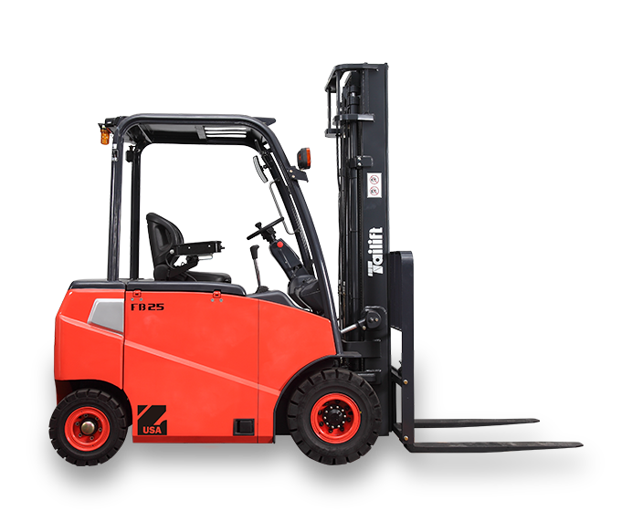 A red forklift with the label "FB25" on its side and "Tailift" on the mast. It has an enclosed operator cabin with clear windows, black tires, and standard lifting forks in the lowered position, suitable for industrial and warehouse use.