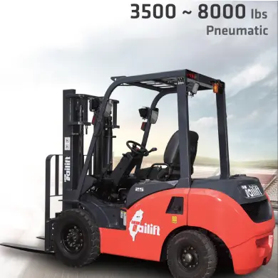 A forklift truck displaying the capacity range of "3500 - 8000 lbs" prominently on its side.